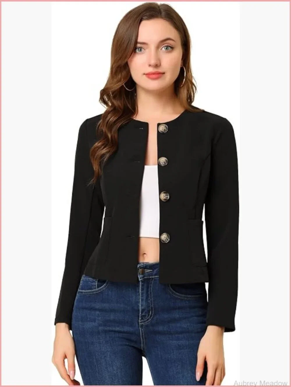Women's Collarless Cropped Blazer Jacket Long Sleeve Button Front Work Office